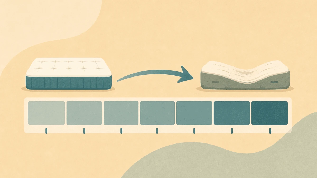 Flat illustration: a mattress timeline showing a fresh bed and a worn bed connected by a curved arrow