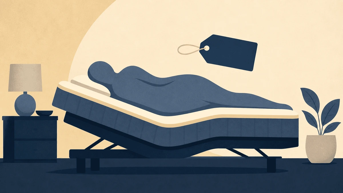 Flat illustration: side-view bedroom with a curved figure on an adjustable bed and a floating price tag