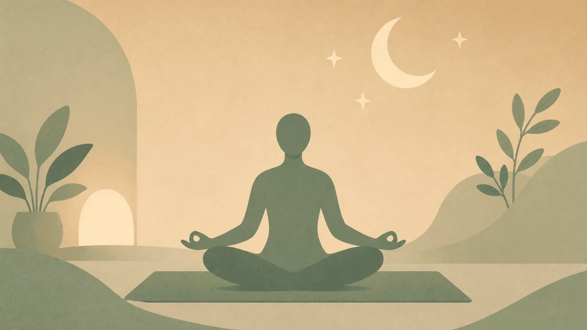 Flat illustration: abstract seated meditation figure on a yoga mat under a crescent moon and stars