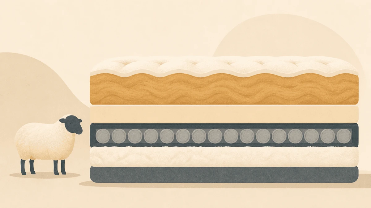 Flat illustration: mattress cross-section with layered wool, springs, and cotton beside a small sheep silhouette