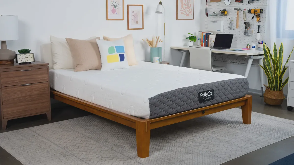 Puffy mattress styled in a bedroom