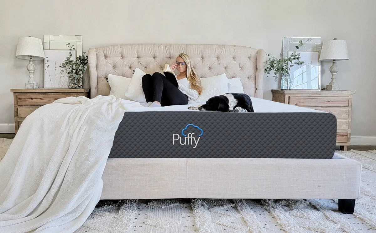 Puffy Cloud mattress styled in a neutral bedroom