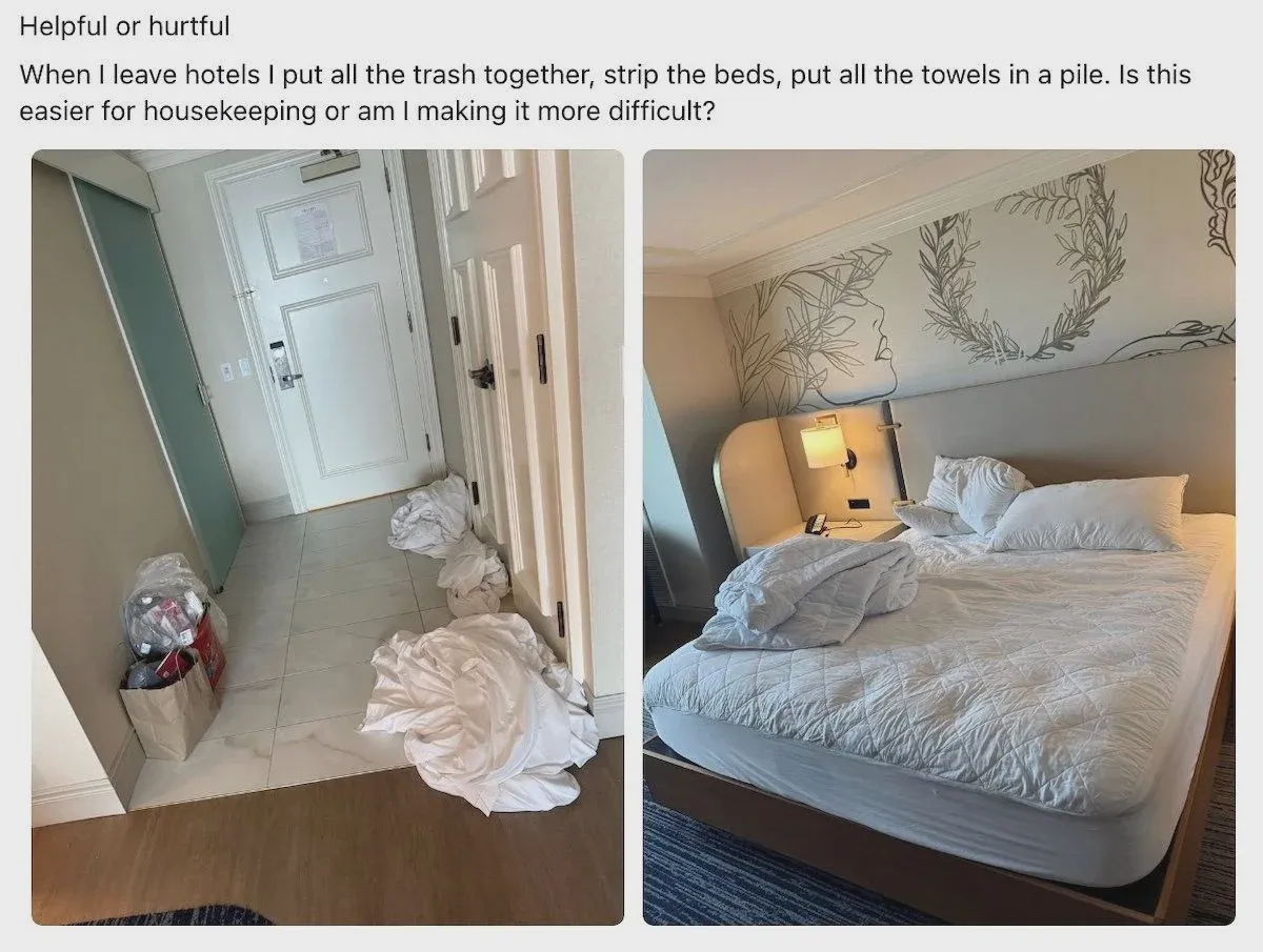 Hotel housekeeper stripping bed linens during turnover